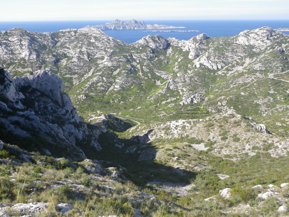 Crête de Sormiou : le Vallon de Sormiou, surplombé par la Crête de Sormiou, le Riou au fond