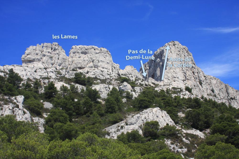 les Lames : les Lames, le Pas des la Demi-Lune, l'Arête de la Cordée du Rocher de St-Michel vus de l'Est et légendés