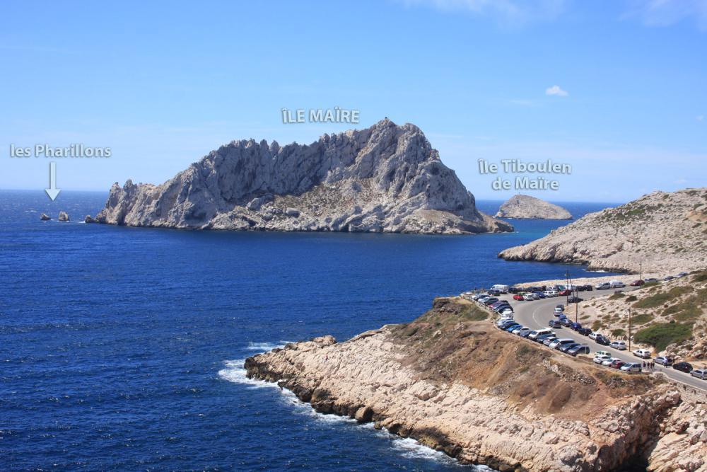 Île Maïre : les Pharillons, l'Île Maïre et son Tiboulen légendés