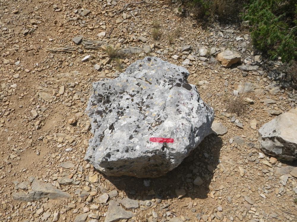 Puits du Lierre : repère pour trouver la bretelle du Puits du Lierre lorsque l'on vient de l'Est : une pierre marquée